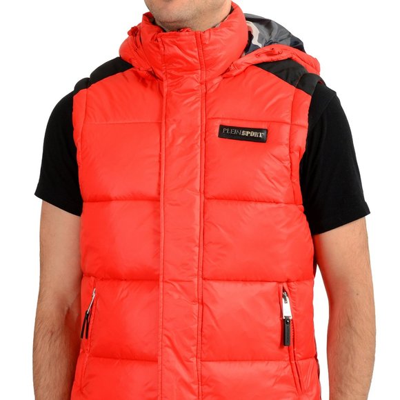 Plein Sport Men's Bright Red Hooded Logo Print Zip Up Sleeveless Jacket Vest